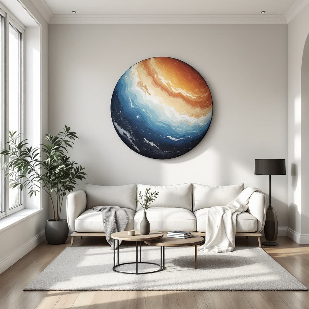 AI generated: minimal livingroom with big planet, Decorative painting with Plain wall