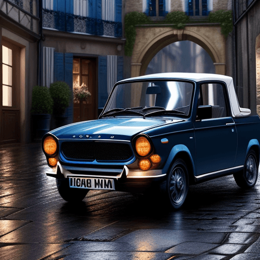 AI generated: Photo of a ultra realistic Triumph Herald in French Racing Blue, racing along wet cobbled street at ...