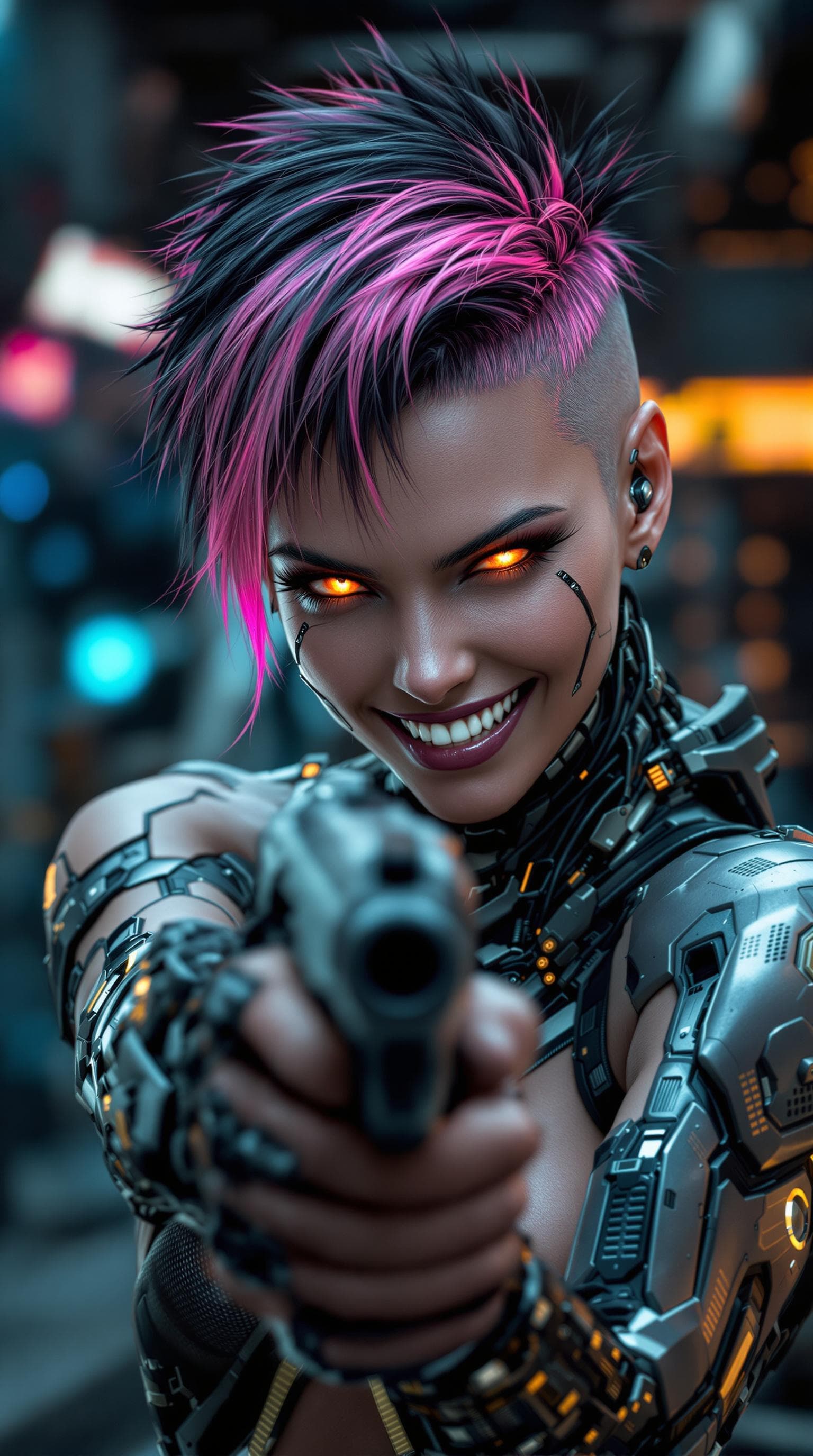 AI generated: The image depicts a futuristic, cybernetic female character with a striking appearance. She has shor...