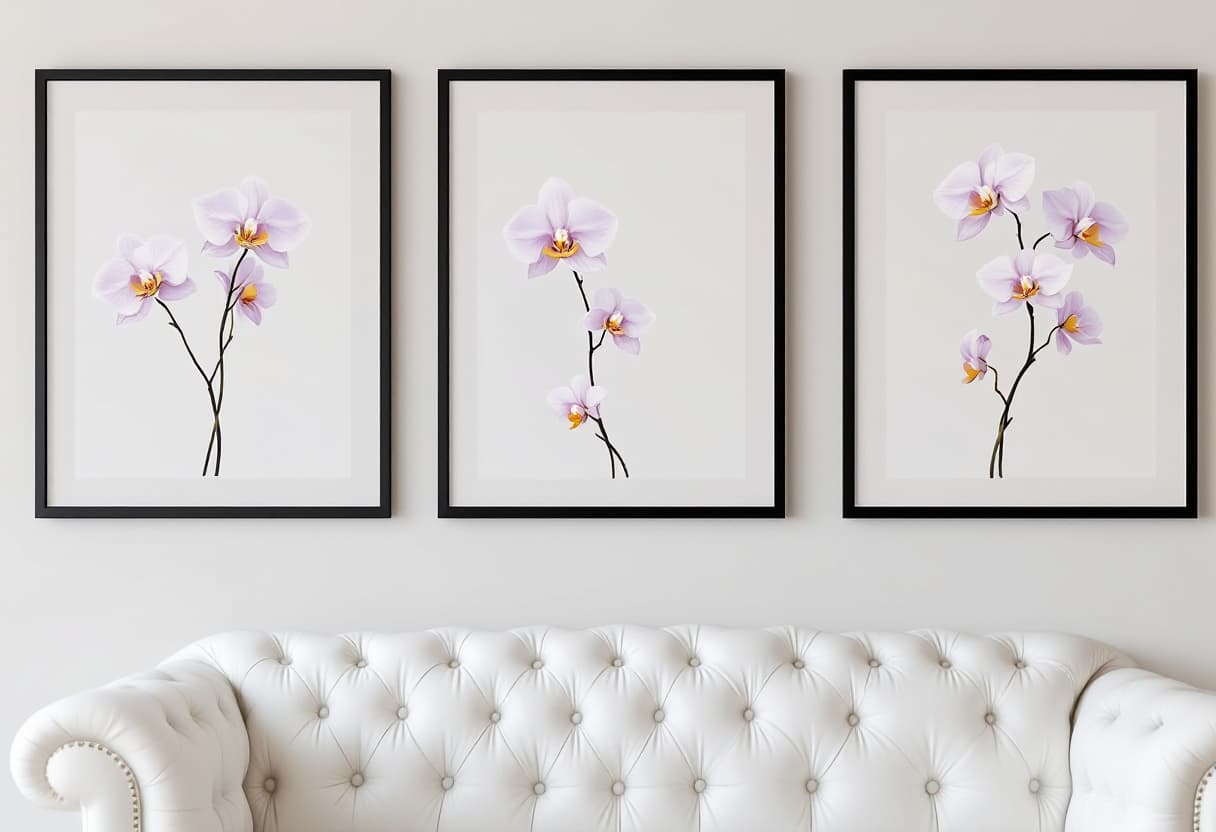 AI generated: Prompt: Three framed artworks with black borders hang on a light-colored wall above a plush, elegant...