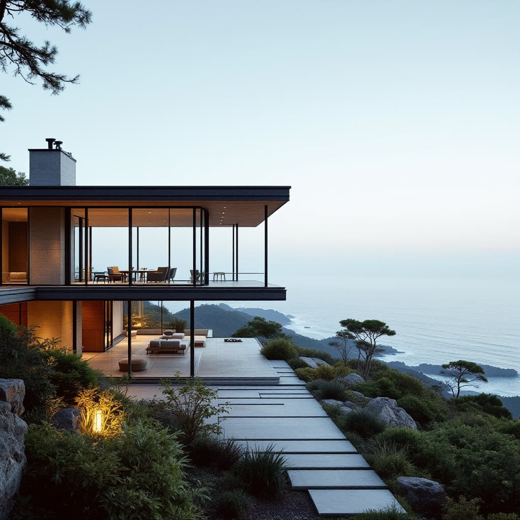 AI generated: Hyper realistic eye level exterior photo of a mid century modern style house overlooking the ocean, ...