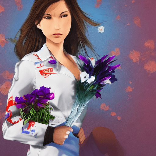 AI generated:  female hero;  style look like game: "bag inside a bag of milk" ; blue flower arrangement; the focus...