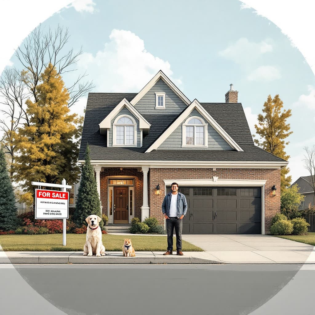 AI generated: house with person in front with a dog and a cat next to them. The house has a big sign that says "FO...