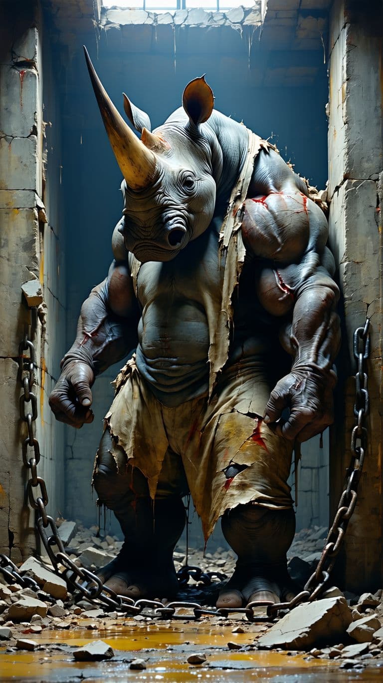 AI generated: A towering humanoid rhinoceros with a massive horn, bulging veins, and ripped muscles, dressed in a ...