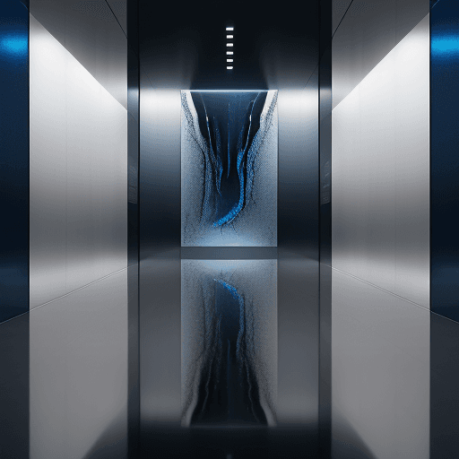 AI generated: photography, sleek and minimalist elevator lobby in a corporate building, front view, eye level shot...