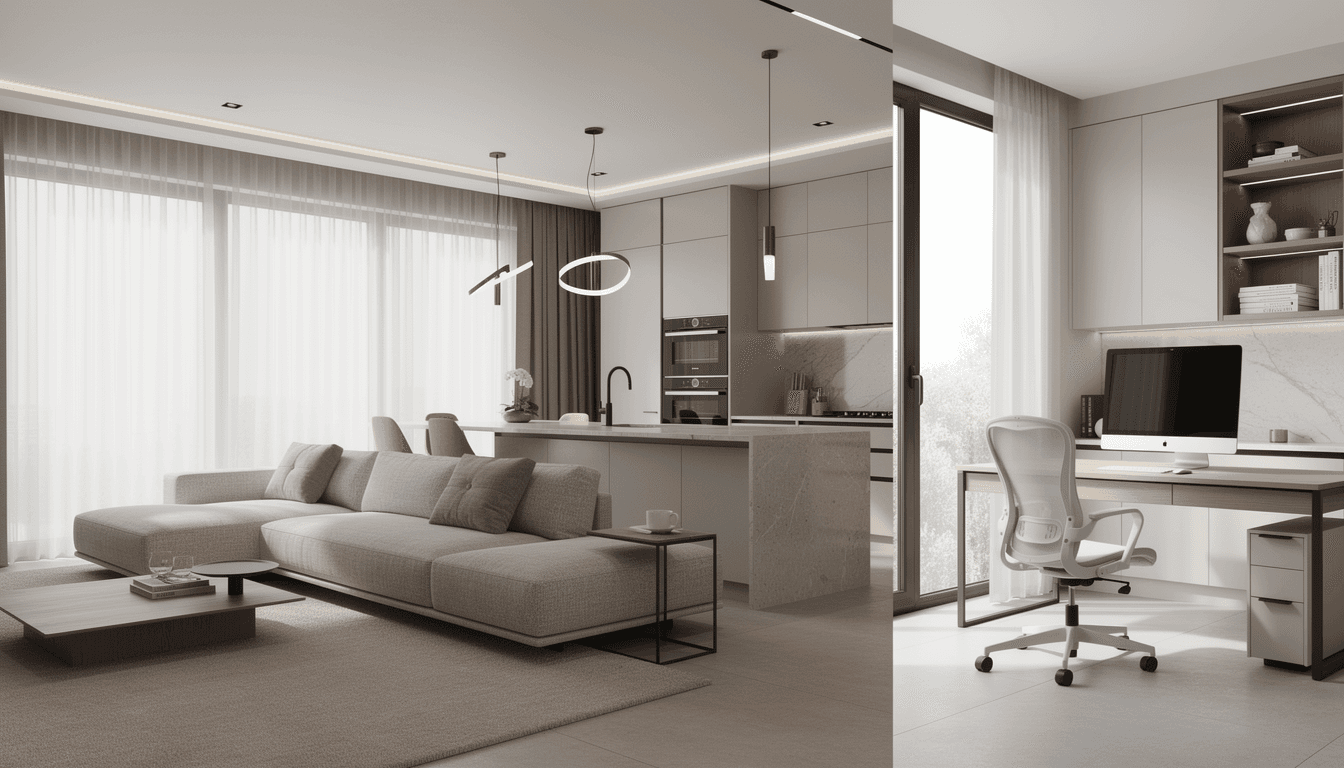 AI generated: premium interior design showcase, collage of modern living room, kitchen and office space blended to...
