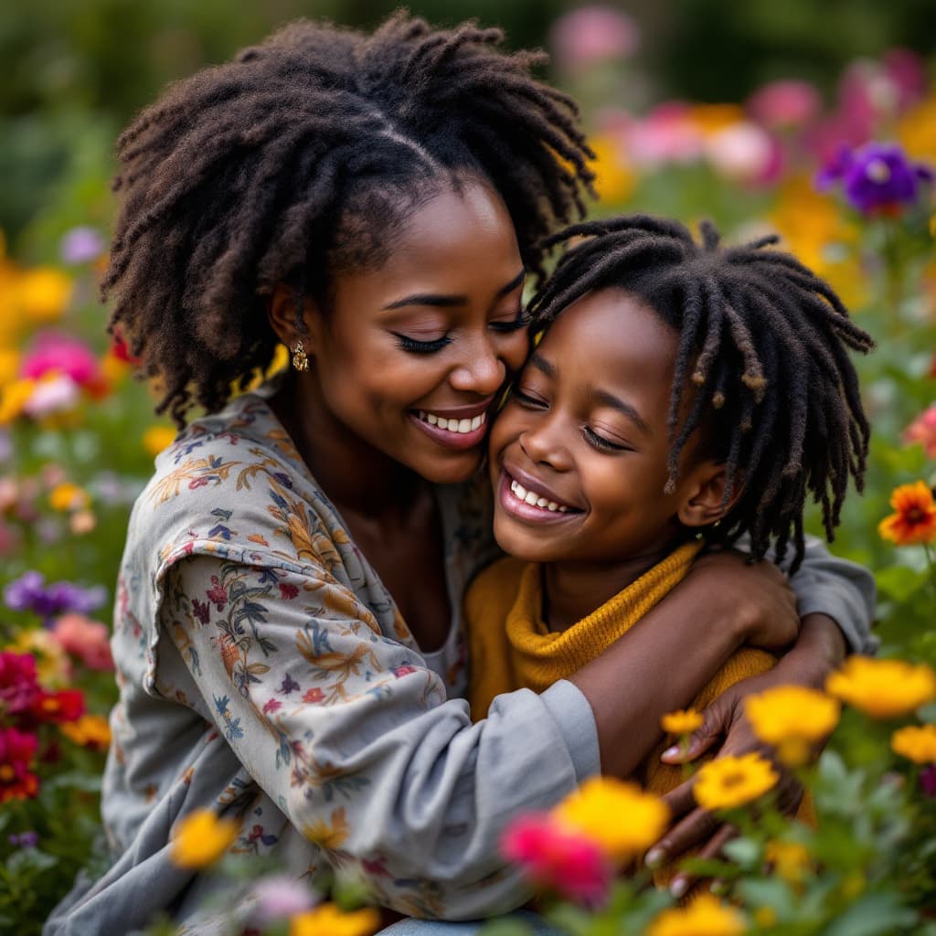 AI generated: As a photographer, take a closeup shot of An african mother (31 years of age) wearing a weave-on hug...