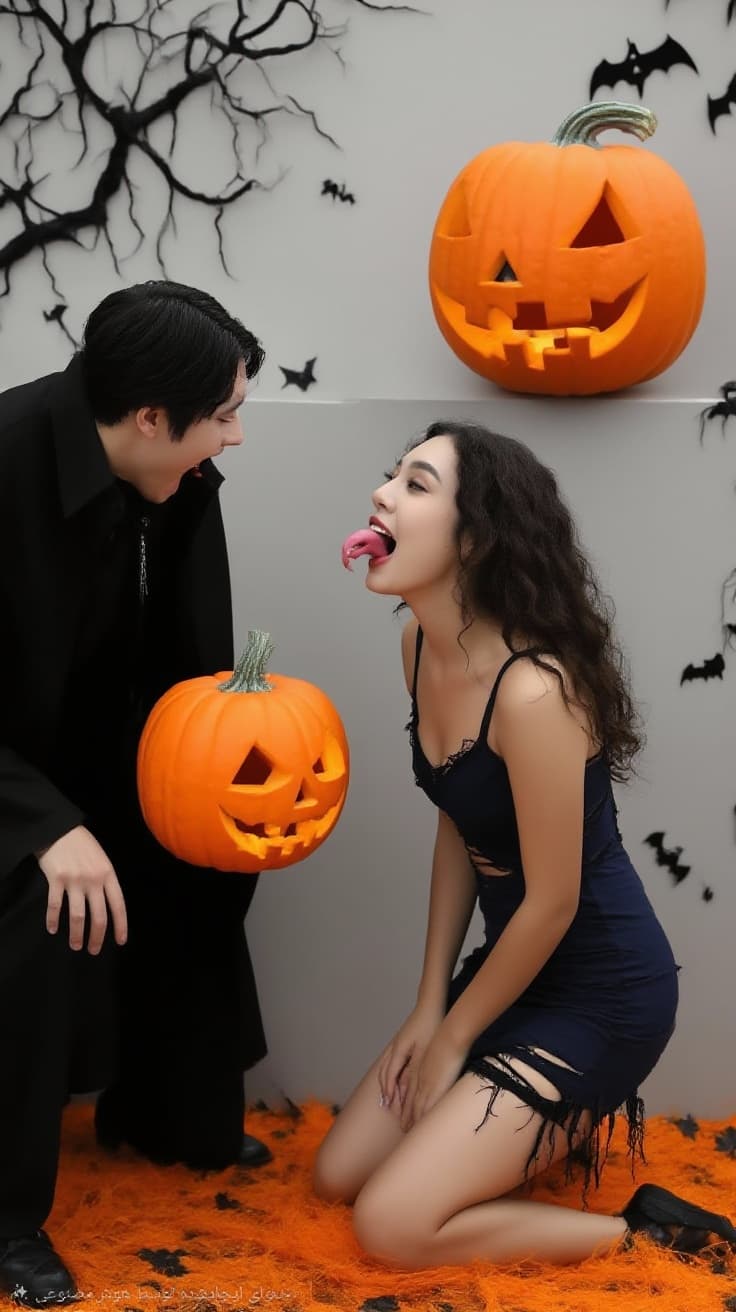 AI generated: Put me in a Halloween setting, wear a tight, tight, sexy, ripped dress, make me look sexy and attrac...