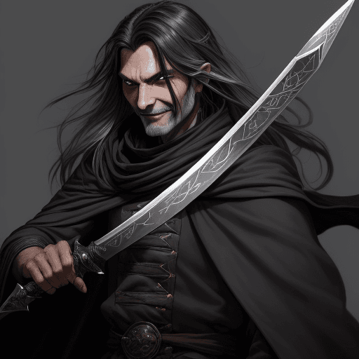 AI generated: dnd Swordmaster with a longsword, Gray highlights in long messy black hair, Dressed in common dammag...