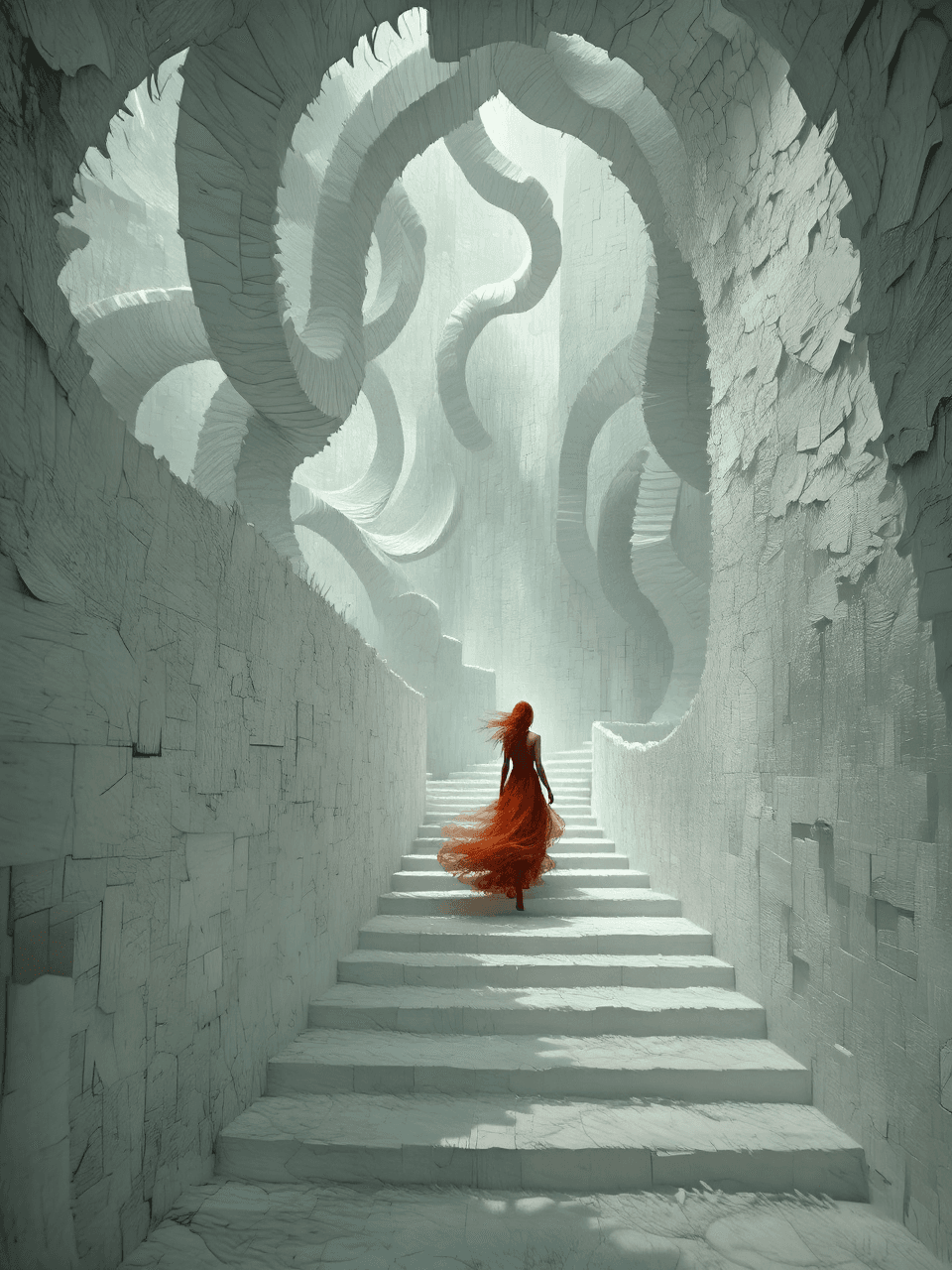 AI generated: a surreal art work in style of Delvaux, tilt-shift perspective, strange & unsettling dream portrayin...