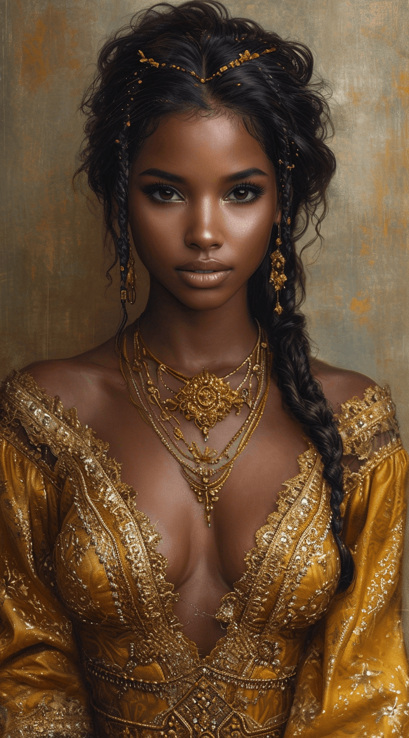 AI generated: a woman in a dress standing, in the style of noah bradley, dark white and gold, mystical portraits, ...