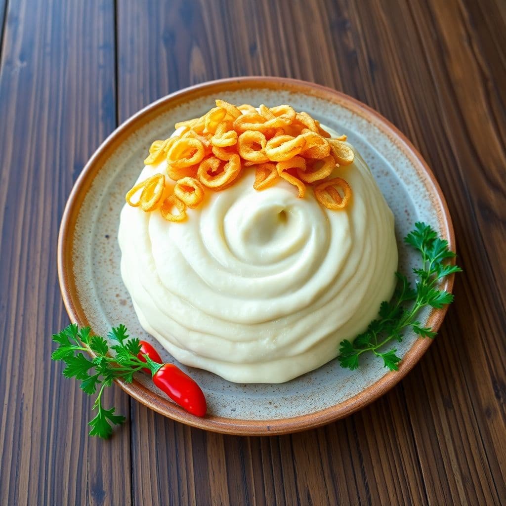 AI generated: Visually stunning and mouthwatering photograph of a beautifully presented white bean purée. A sphere...