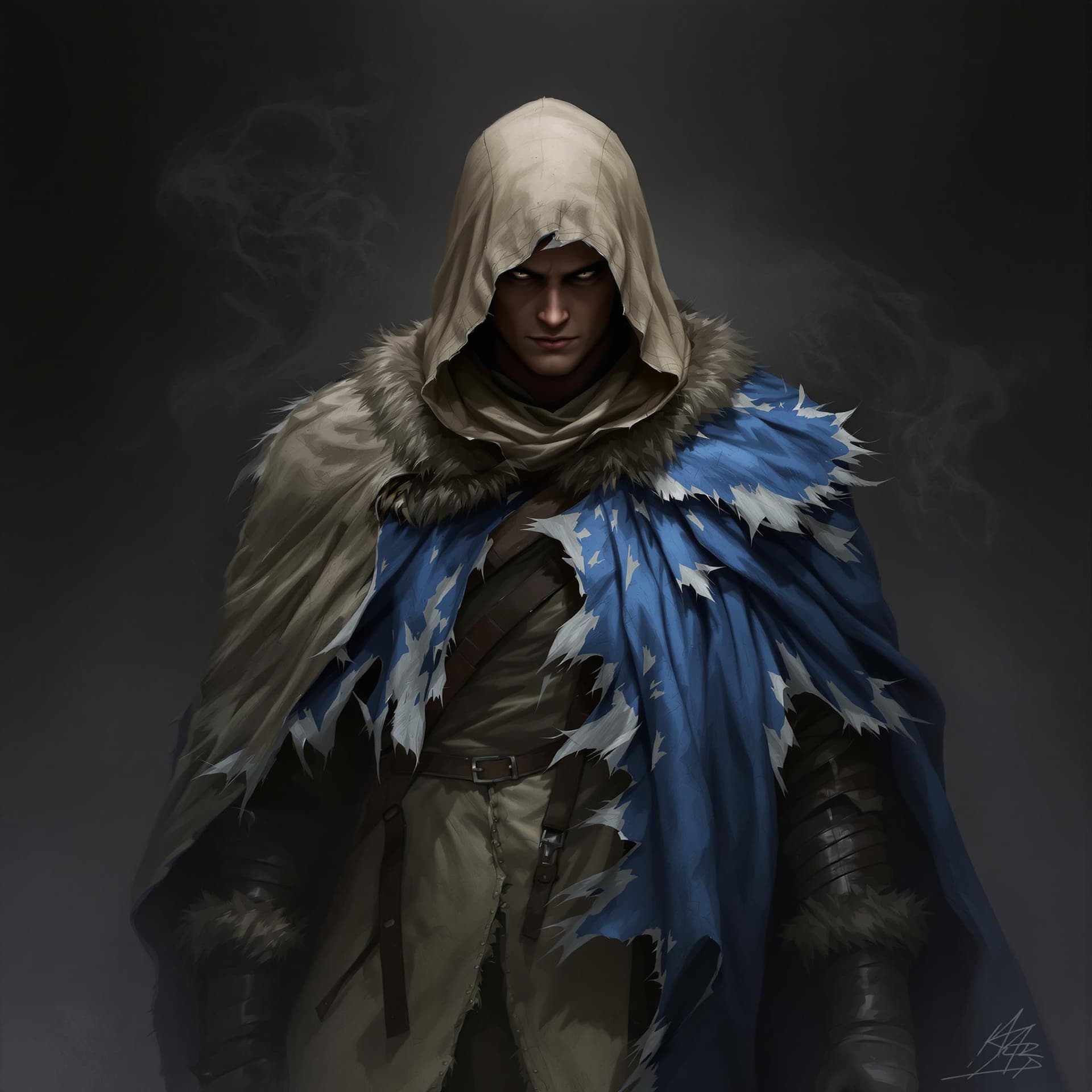 AI generated: A digital painting depicts a character standing centrally in an intense pose. The figure wears a bei...
