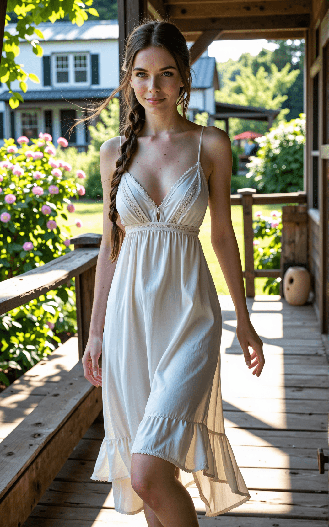 AI generated: A young woman with long chestnut hair tied in a loose braid sweeps a sunlit wooden porch, her figure...