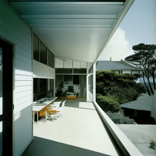 AI generated: Hyper realistic eye level exterior photo of a mid century modern style house overlooking the ocean, ...
