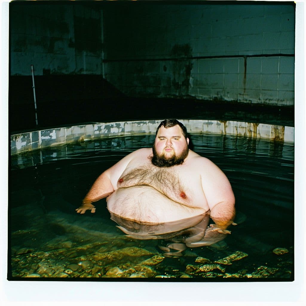 AI generated: Outstandingly obese man stuck in an abandoned pool, grainy 80's quality polaroid photograph, still w...