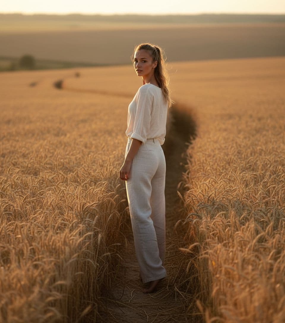 AI generated: A woman, dark blonde hair and a thoughtful expression, pauses on a dirt path in an, field of ripened...
