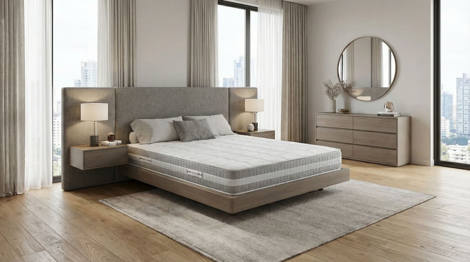 AI generated: Place this mattress on a bed in a modern bedroom with a headboard and furniture 