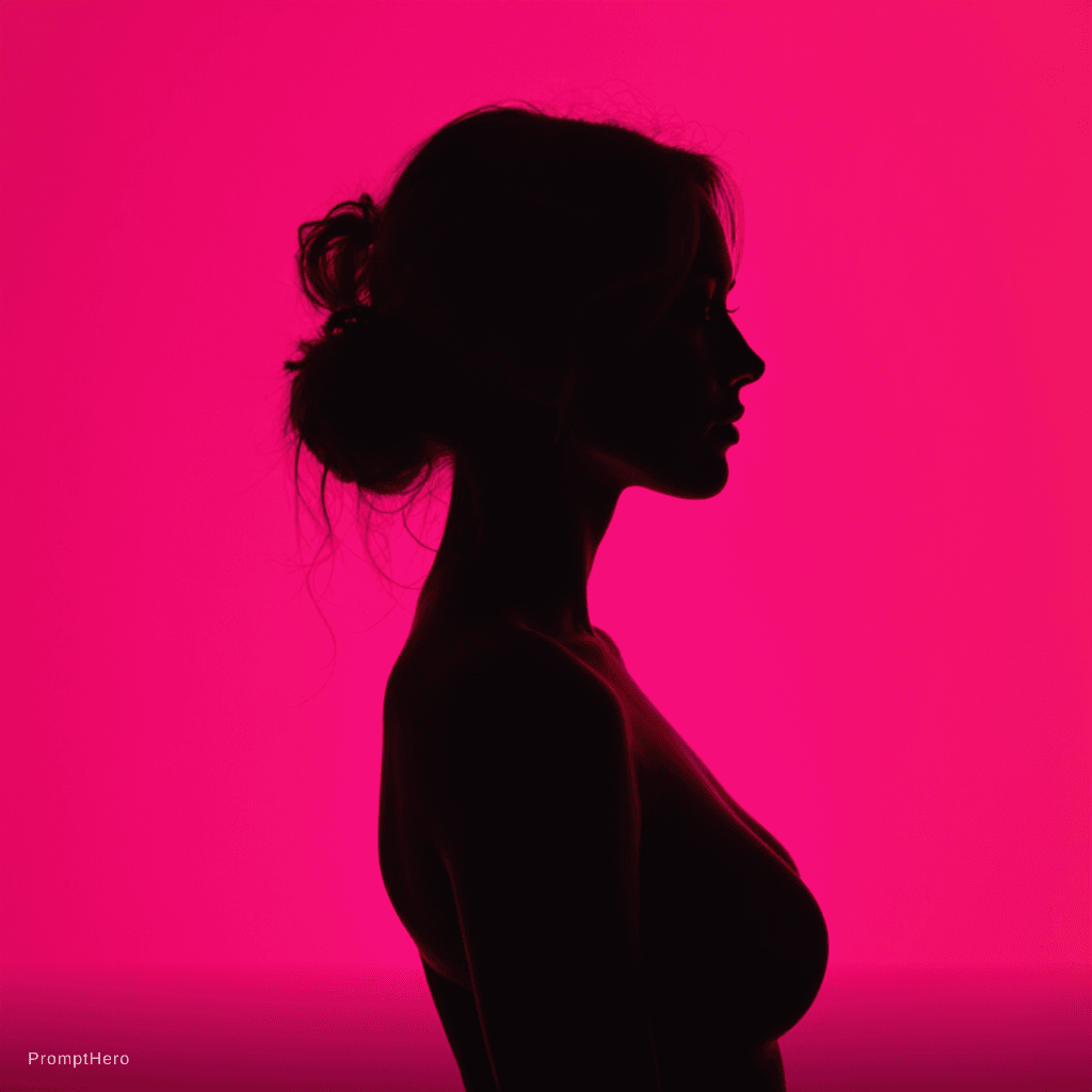 AI generated: photography, portrait of contrast, profile silhouette of a woman, vibrant hot pink backdrop, visuali...