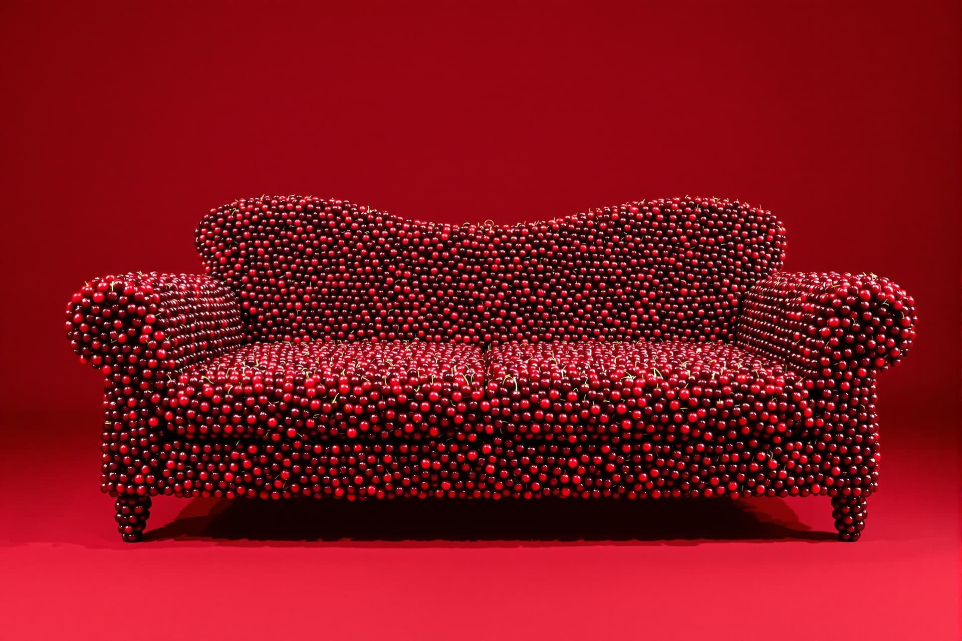 AI generated: Conceptual art. A sofa made entirely out of cherries. It is shot in a red room. The lighting is mode...