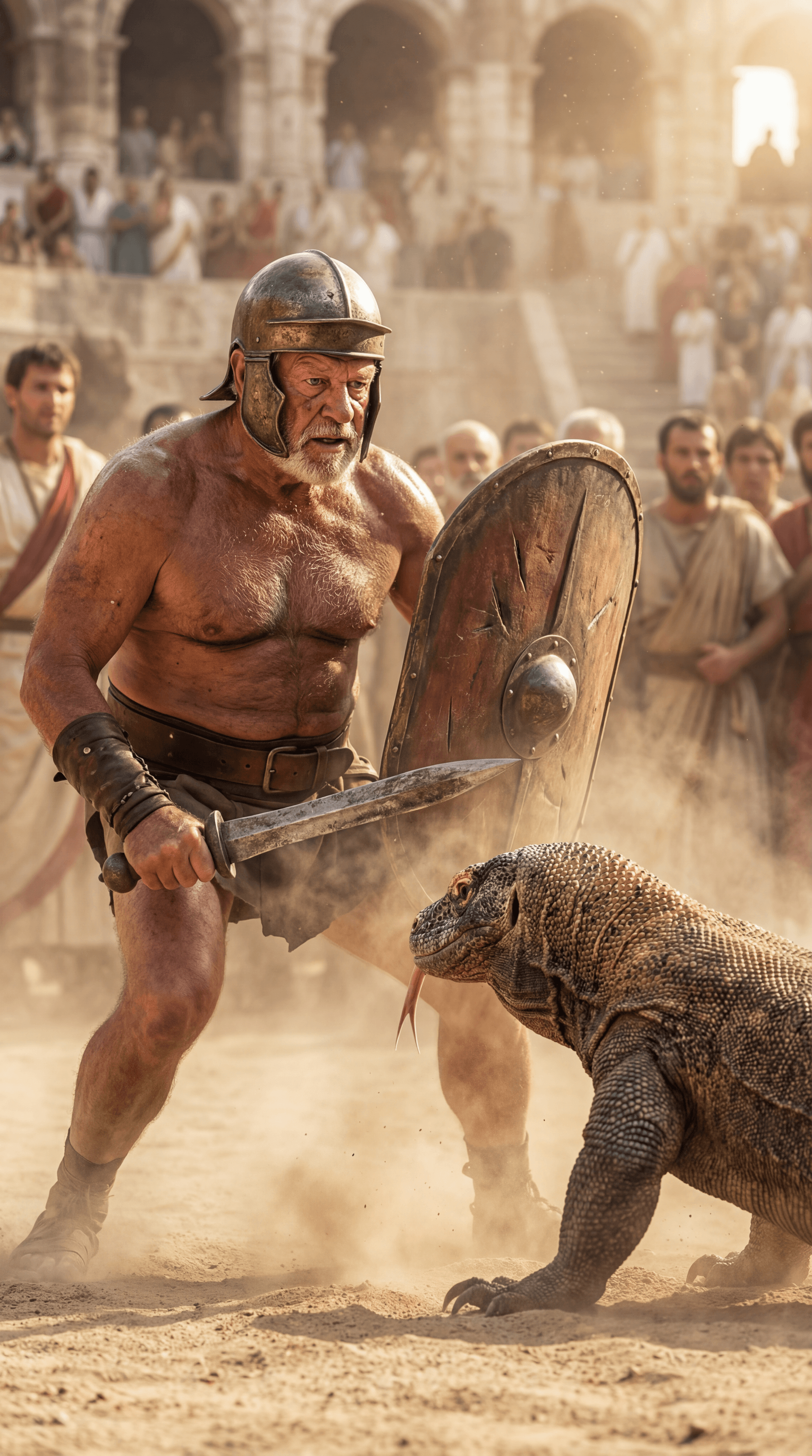 AI generated: Ultra-realistic documentary-style action photography inside the Roman Colosseum, bathed in warm gold...