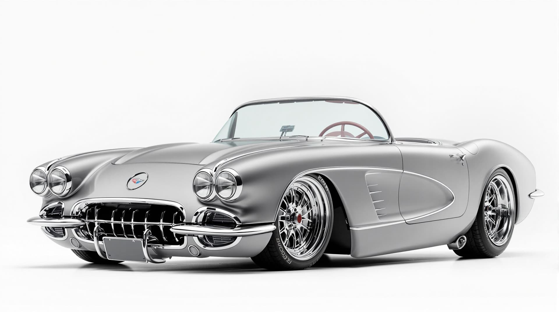 AI generated: Hyper realistic 1959 chevy corvette convertible, front side top view, gray color, restomod with 20" ...