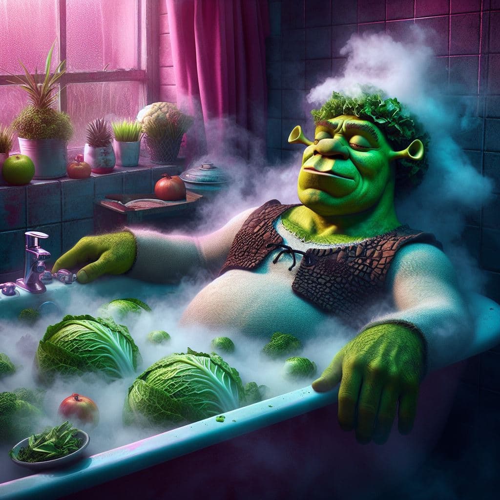 AI generated: Shrek bathing in a tub of lettuce with turbolences, humour, alluviation, cigar smoking, colours