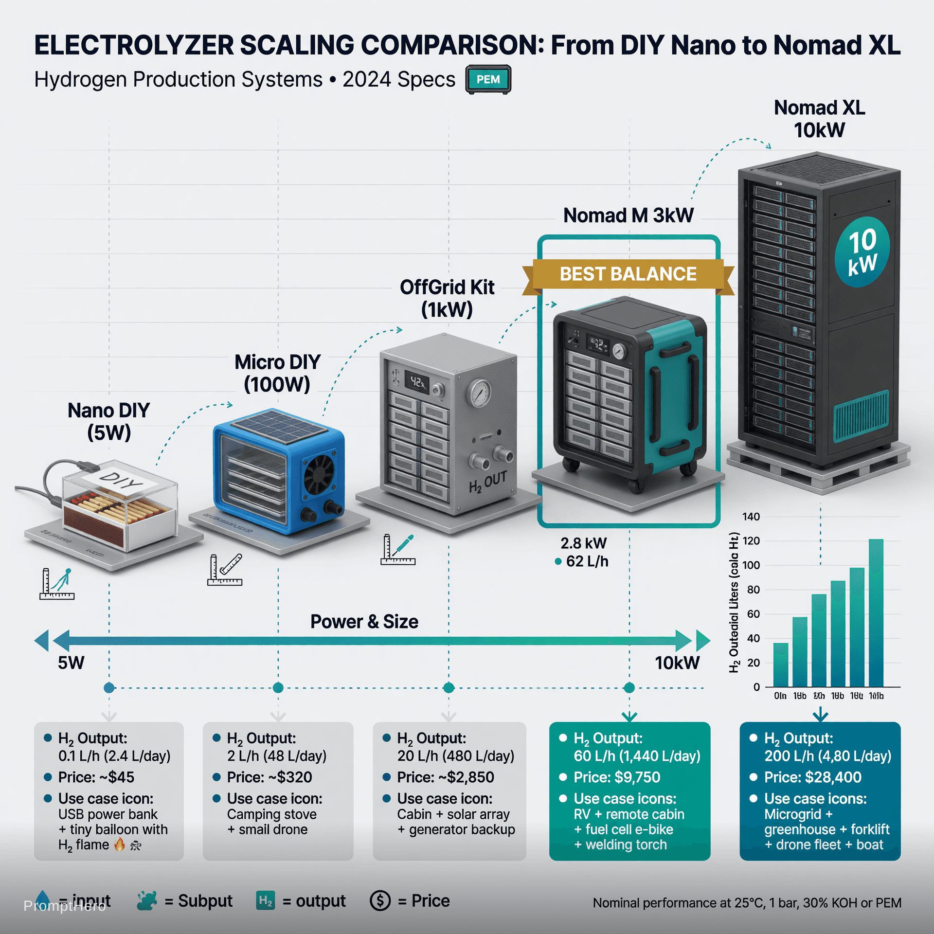 AI generated: Clean professional technical comparison chart illustration showing electrolyzer scaling from DIY Nan...