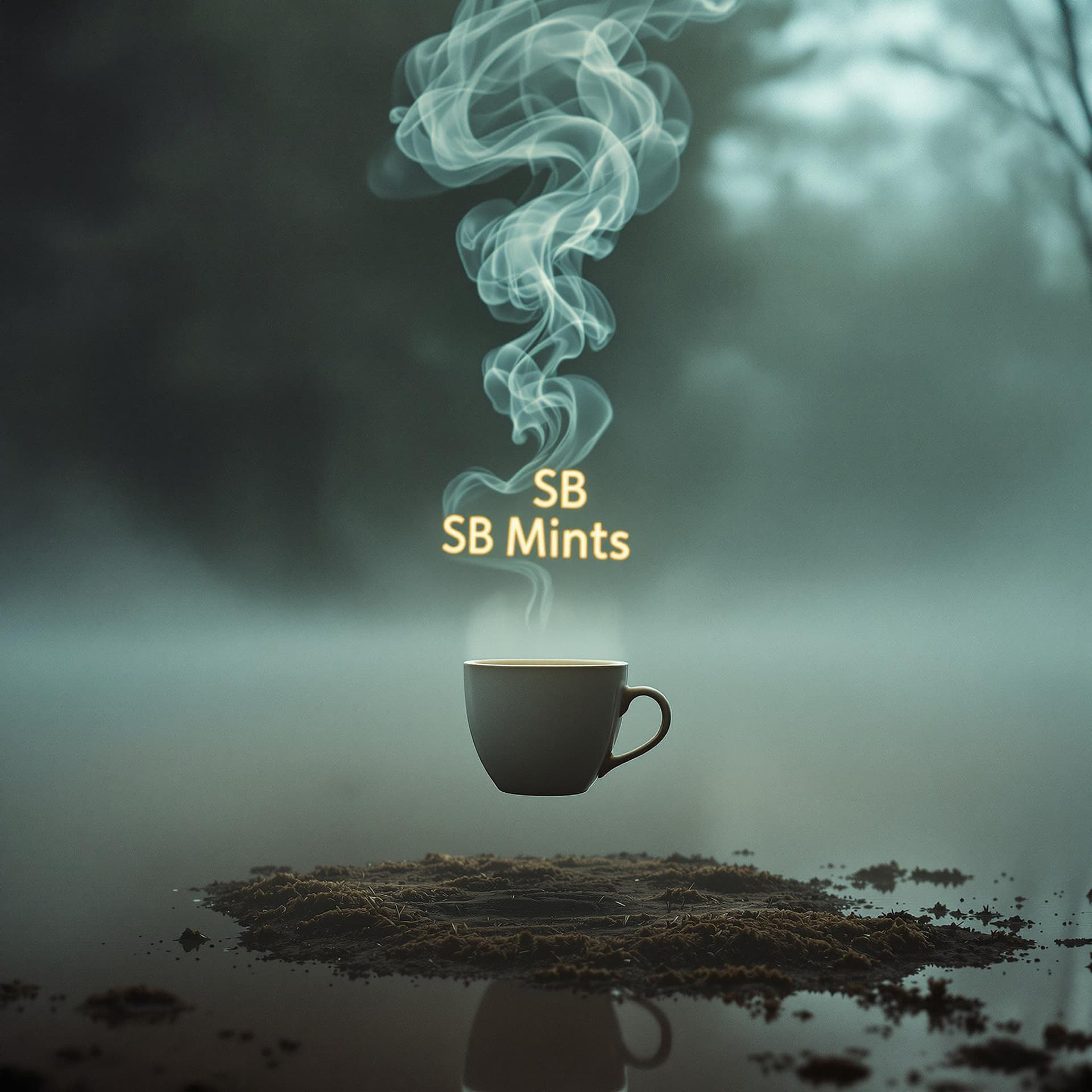 AI generated: A coffee cup hovers unnaturally in midair over a dry patch surrounded by thick, swampy water. The st...