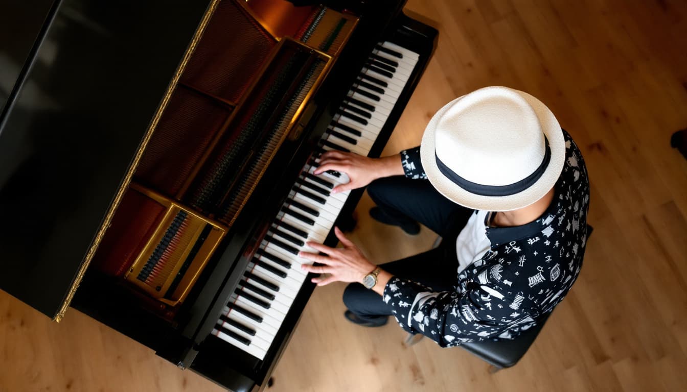 AI generated: A musician in a black and white shirt and white hat plays a grand piano from an overhead perspective...