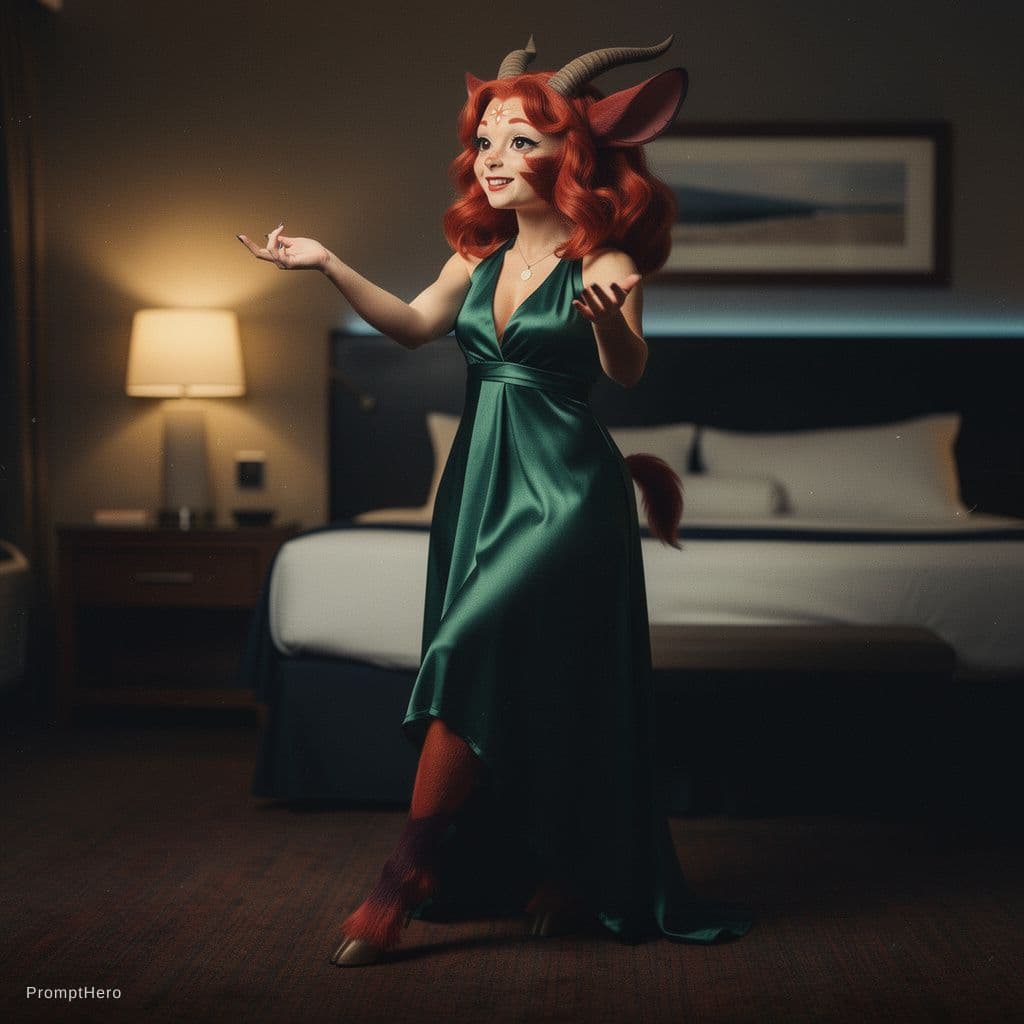 AI generated: Cinematic photograph of a confident young satyr woman (half woman, half goat), full body, wide hips ...