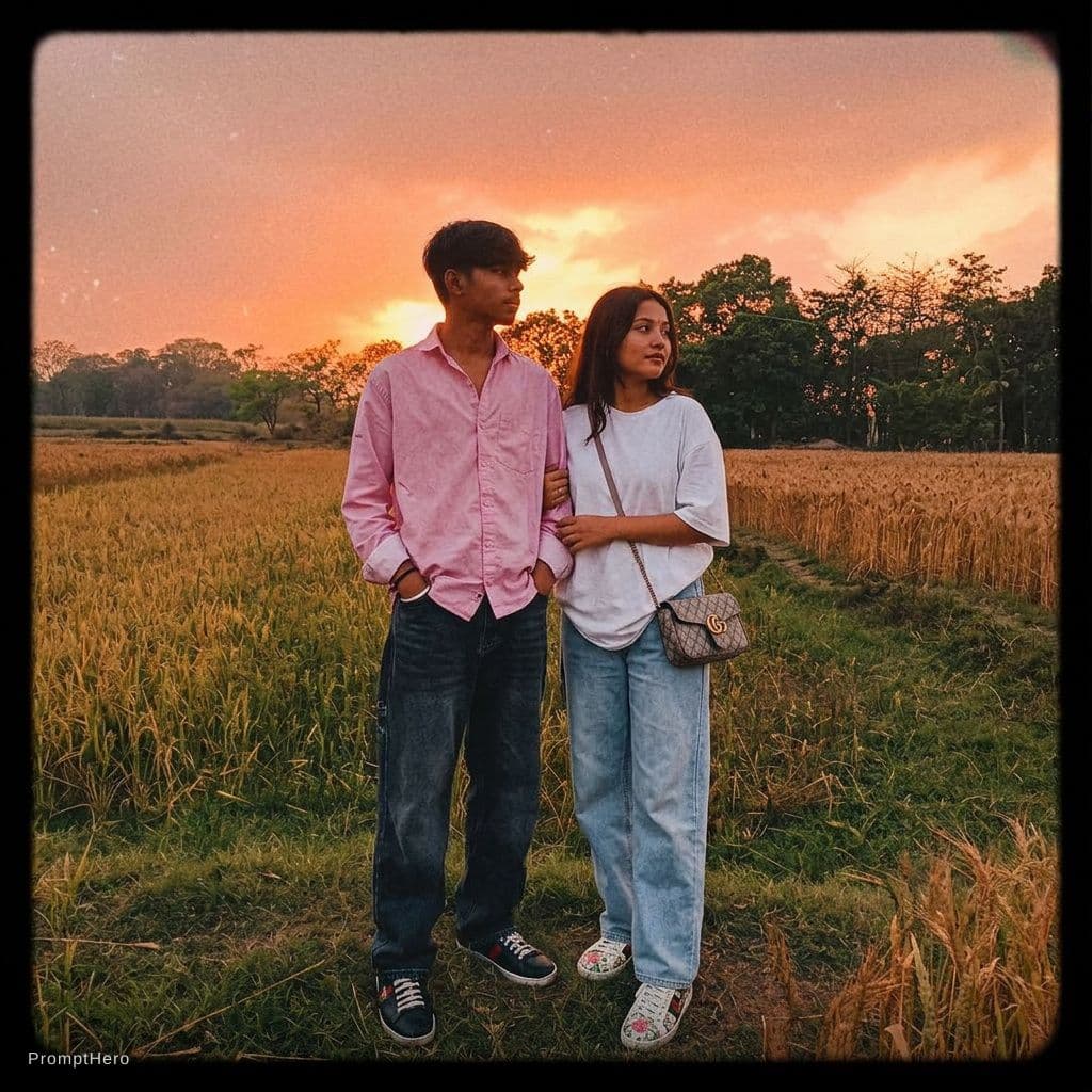 AI generated: A beautiful sunset add girl and changing my outfit 
 Gucci shoes baggi jeans 