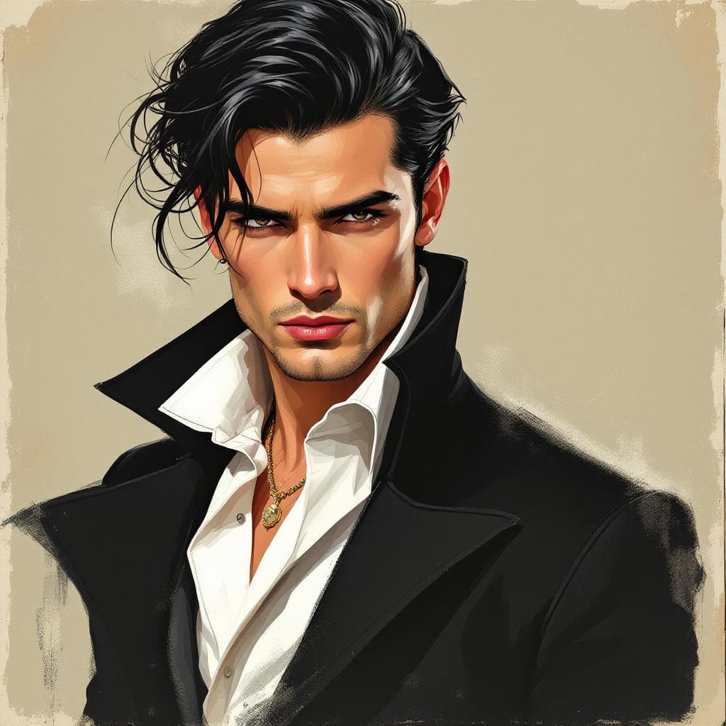 AI generated: Vintage fashion poster of an elegant man with black hair, drawn in the style of Paul Kenton, featuri...