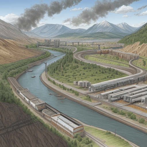 AI generated: industrial sketching valley with small mountains , modern factory at the river, train railway and mo...