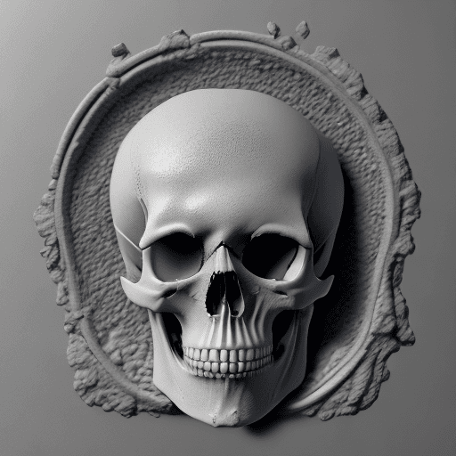 AI generated: greyscale 3d relief of skull, hyper realism, high detail, octane render, 8k