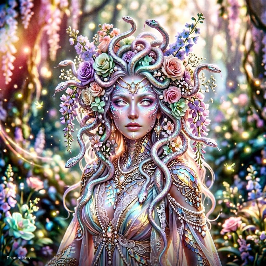 AI generated: In an enchantingly distorted photograph, a stunning augmented gorgon emerges in soft pastel tones. T...