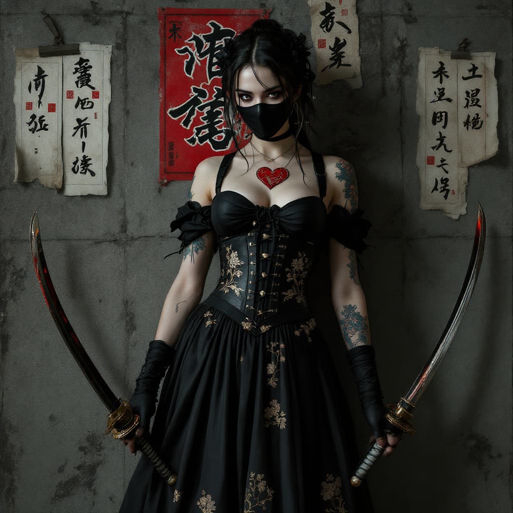 AI generated: A mysterious female figure clad in a dramatic, dark ensemble inspired by traditional Japanese samura...
