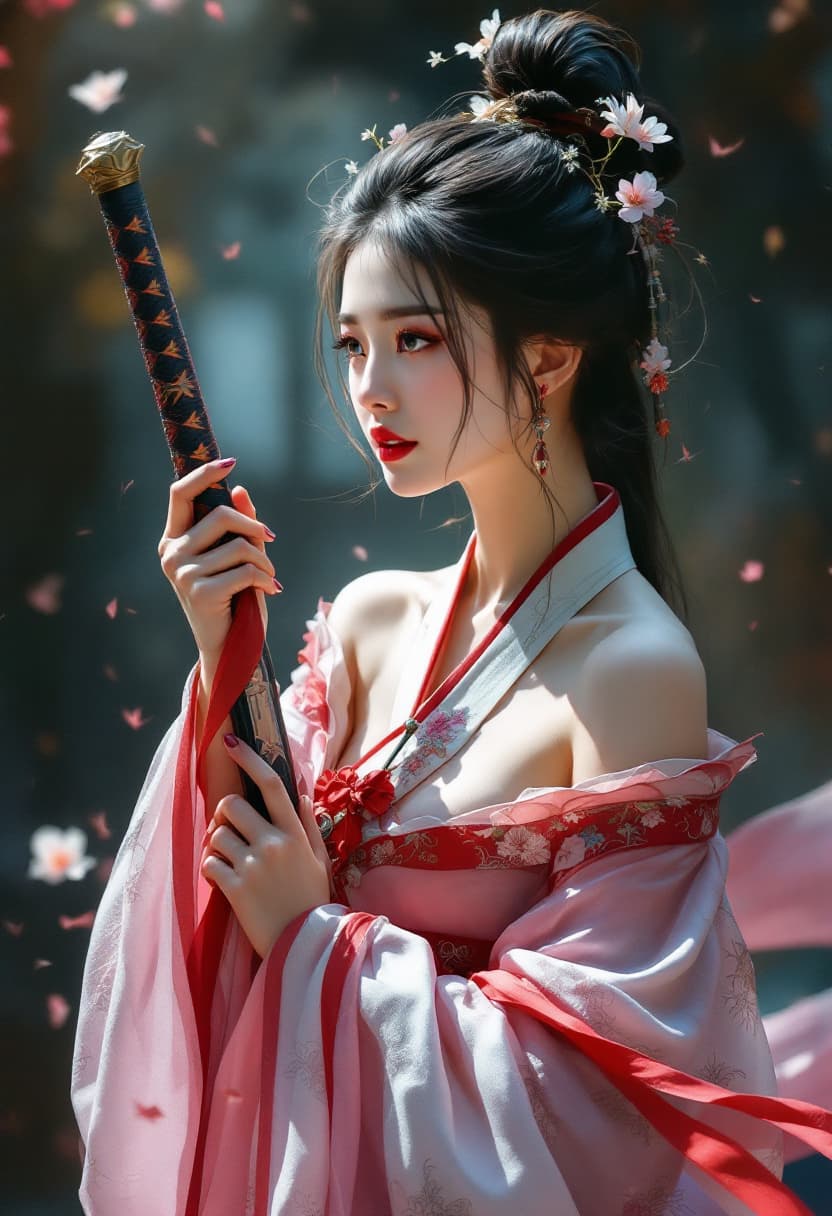 AI generated: Sketch Art, Beautiful Colored Pencil Line, Artistic Brush Strokes, Beautiful Korean Hanbok Woman, Of...