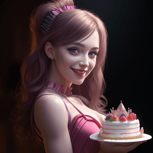 AI generated: female dressed as party girl, holding a cake, smiling, looking at viewer, portrait, photography, det...