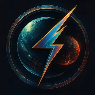 AI generated video: A glowing sci-fi emblem with a circular ring and lightning-shaped symbol, centered on a dark space b...
