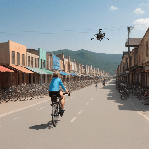 AI generated: un bicycle town with lot of flying hamburger