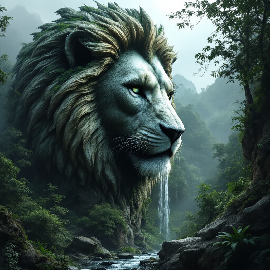 AI generated: huge lion head shape embedded  into  a mountain in the rain forest with stream flowing from the mout...