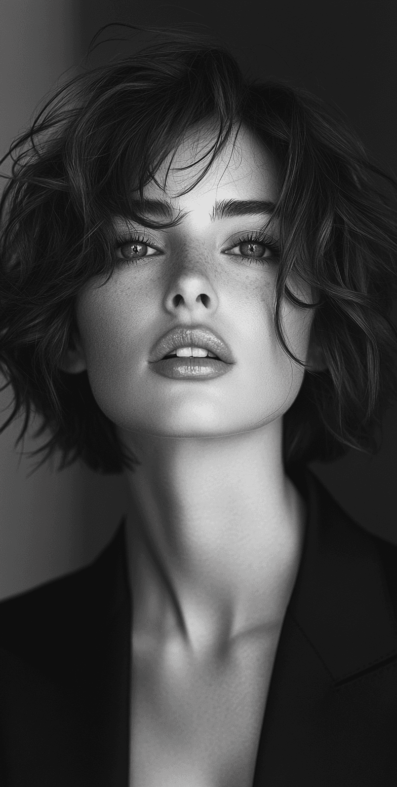 AI generated: Black and white photograph of an elegant woman with short hair posing for Vogue magazine, close-up p...