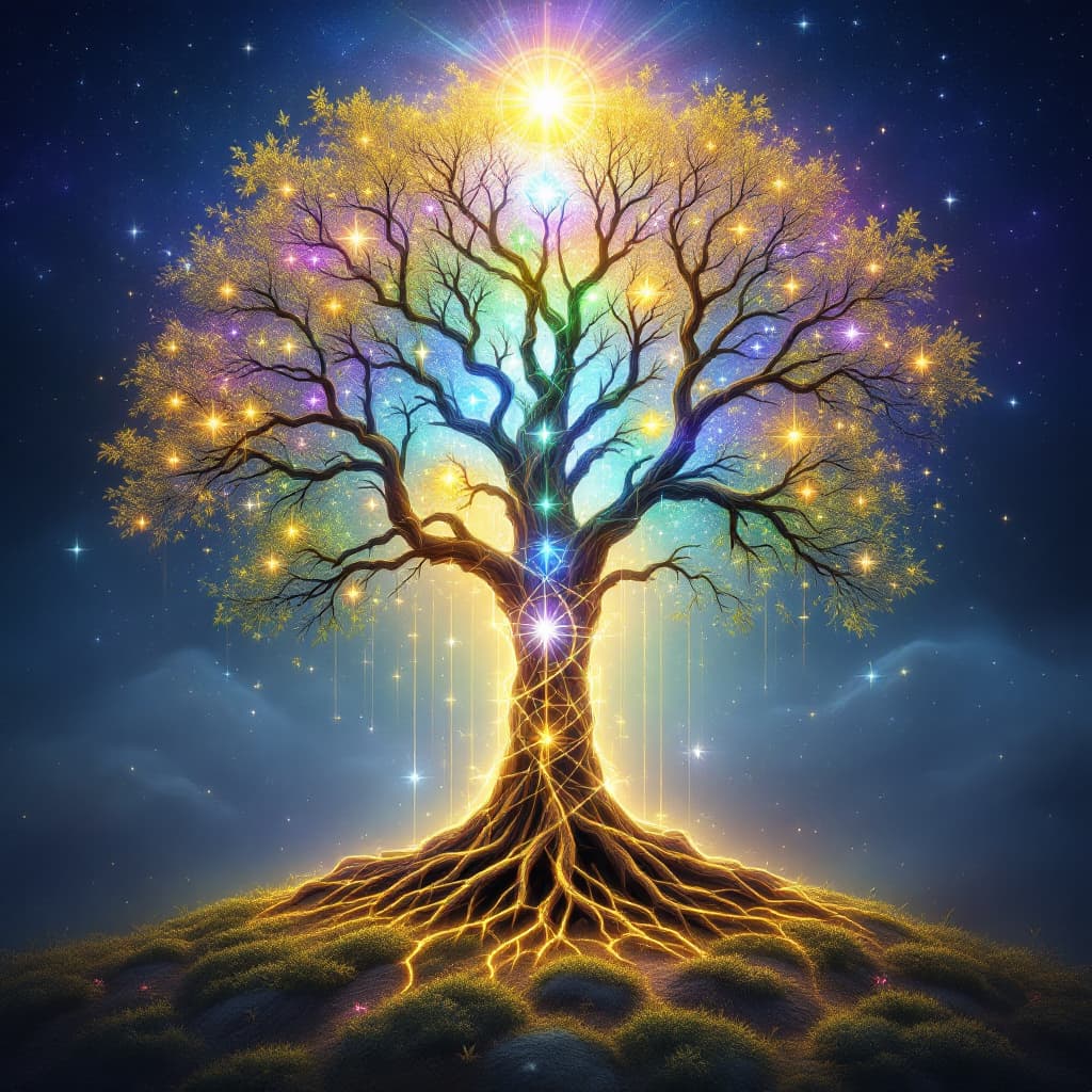 AI generated: Tree of life with radiant ethereal halo multi color elements representing Jewish mysticism depicts t...