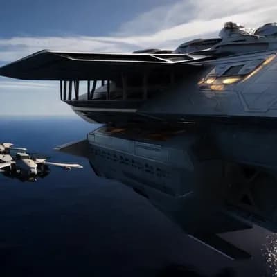 AI generated video: A futuristic military drone mothership in the ocean launching drones towards the coast, 3 d render, ...