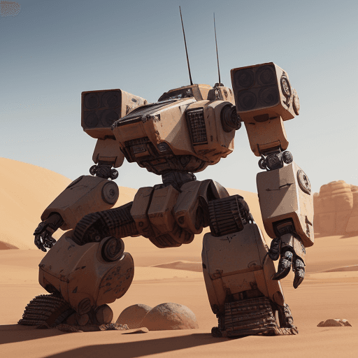 AI generated: A mech robot ,electronics,details ,concept,in desert with rocks and stones,machinegun in right hand,...