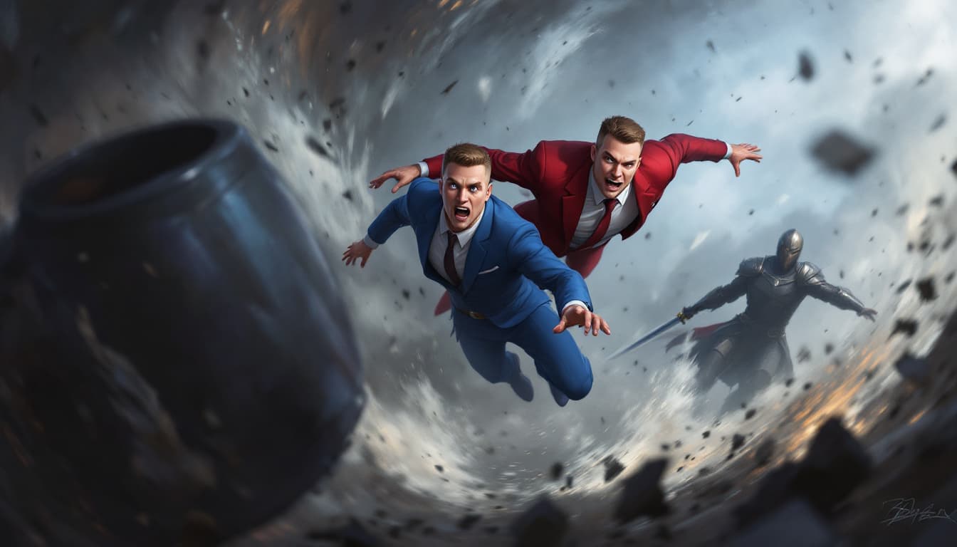 AI generated: mage is a dynamic, digitally illustrated scene featuring two figures in mid-air, surrounded by swirl...