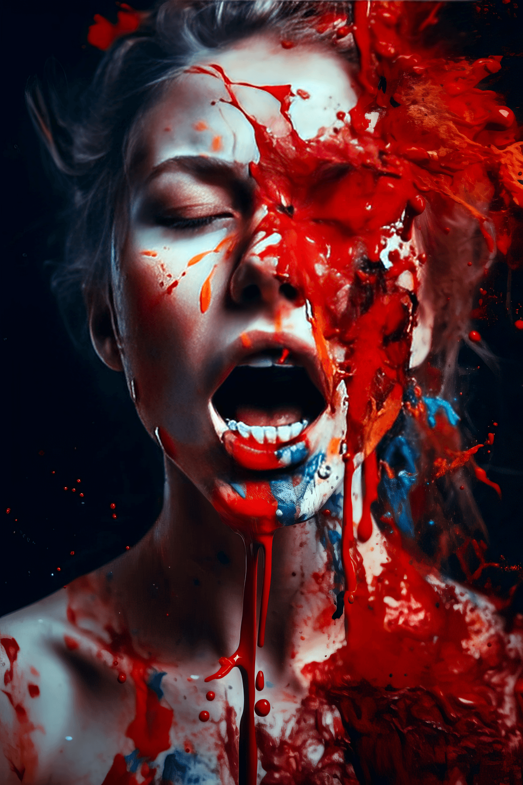 AI generated: that is her mouth, in the style of vibrant, high-energy imagery, white and red, messy, amanda sage, ...