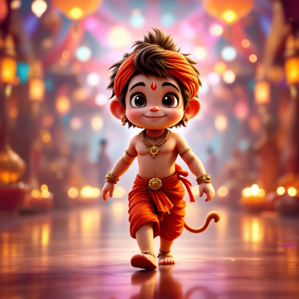 AI generated: ""A cartoon-style young Lord Hanuman walking confidently in a vibrant festive scene, radiating child...