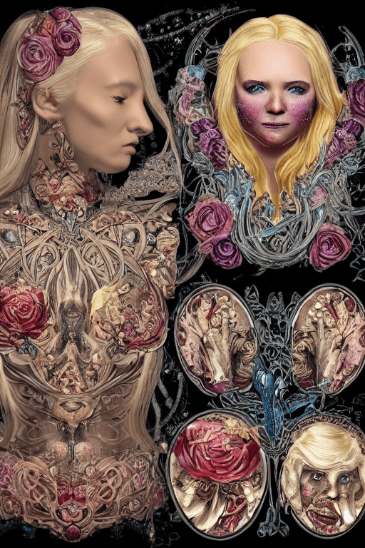 AI generated: blonde girl in a cosmic dress, full-body tattoos, ornate, rococo, grotesque, zbrush art, majestic, o...